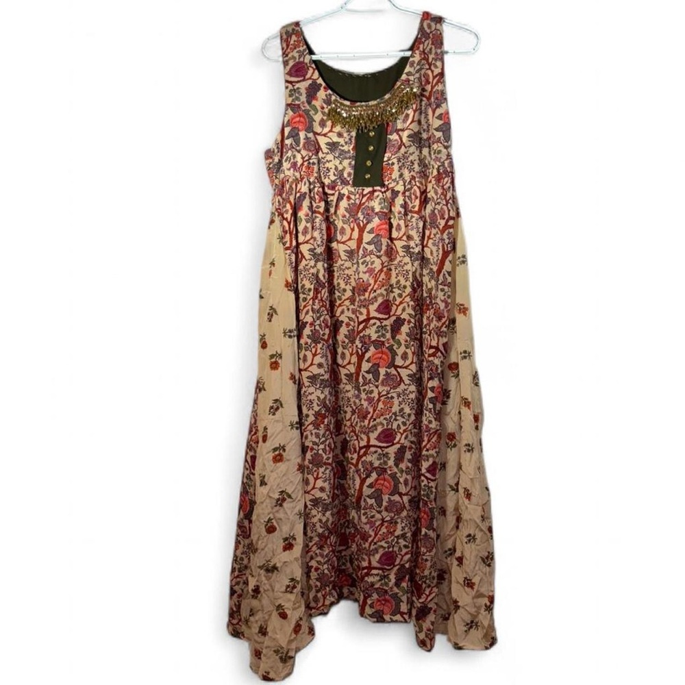 Sleeveless Floral Midi Dress in Beige and Olive Anthropologie